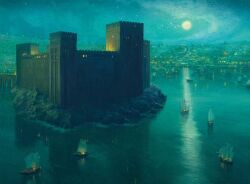 bruce_brenneise building city cloud cloudy_sky fortress from_above full_moon harbor magic:_the_gathering moon moonlight night night_sky no_humans official_art outdoors realistic reflection reflective_water scenery ship sky water watercraft