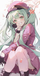 Rule 34 | 1girl, absurdres, black footwear, black gloves, blush, boots, bracelet, cherry blossoms, cloudyman, commentary request, dress, falling petals, feet out of frame, flower, gloves, green eyes, green hair, grin, hair flower, hair ornament, half gloves, hat, hatsune miku, highres, jewelry, knees up, long hair, looking at viewer, petals, pink flower, purple dress, purple hat, senbonzakura (vocaloid), shorts, sitting, smile, solo, thigh boots, vocaloid, white shorts
