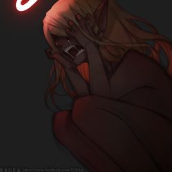 Rule 34 | 1girl, blonde hair, chinese text, covered face, crying, d:, dark skin, dark-skinned female, facebook username, grey background, grimace, hair over eyes, halo, hands on own face, hands up, legs together, long hair, nude, open mouth, original, pointy ears, saliva, simple background, snot, solo, tears, teeth, watermark, zhaoyebai