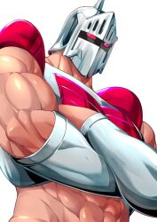 Rule 34 | 1boy, abs, armor, artist request, biceps, crossed arms, helmet, highres, kinnikuman, large pectorals, looking at viewer, manly, muscular, pectorals, red eyes, robin mask, shaded face, solo, white background