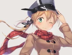 Rule 34 | 10s, 1girl, anchor hair ornament, black ribbon, blonde hair, blurry, blush, brown coat, coat, depth of field, duffel coat, green eyes, grey background, hair between eyes, hair ornament, hair ribbon, hand on headwear, hat, kantai collection, long hair, looking at viewer, metindone, military hat, one eye closed, prinz eugen (kancolle), red scarf, ribbon, scarf, smile, solo, twintails