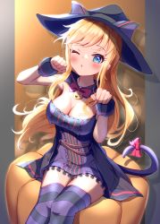 Rule 34 | 1girl, :o, black cape, blonde hair, blue eyes, blush, bow, breasts, cape, cat tail, cleavage, commentary request, dress, frilled dress, frills, halloween, hat, highres, idolmaster, idolmaster cinderella girls, large breasts, long hair, looking at viewer, medium breasts, neck bell, ohtsuki yui, one eye closed, paw pose, pink bow, pumpkin, sitting, solo, strapless, strapless dress, striped clothes, striped thighhighs, tail, tail bow, tail ornament, thighhighs, tudon (donut), witch, witch hat