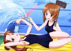 Rule 34 | 10s, 2girls, absurdres, armpits, bare shoulders, blush, breasts, broom, brown eyes, brown hair, cleaning brush, collarbone, copyright name, covered navel, empty pool, flat chest, food, girls und panzer, highres, hose, inflatable raft, kadotani anzu, logo, lying, multiple girls, nishizumi miho, official art, on back, one-piece swimsuit, pool, poolside, popsicle, scan, school swimsuit, school uniform, summer, swimsuit, tongue, tongue out, twintails, water, yoshida nobuyoshi