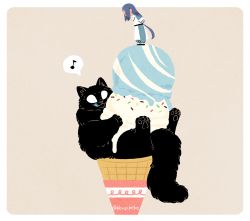 Rule 34 | 1boy, animal, bbvip neko, black cat, blue hair, border, cat, double scoop, eighth note, food, ice cream, ice cream cone, long hair, luo xiaohei, luo xiaohei zhanji, musical note, outside border, oversized animal, oversized food, oversized object, simple background, speech bubble, spoken musical note, standing, tan background, twitter username, very long hair, white border, wide shot, wuxian (the legend of luoxiaohei)