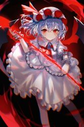 Rule 34 | 1girl, artist name, bat wings, black background, blue hair, bow, chromatic aberration, expressionless, looking at viewer, red bow, red eyes, red headwear, red wings, remilia scarlet, sakizaki saki-p, shirt, short hair, skirt, solo, touhou, white shirt, white skirt, wings