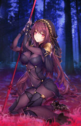 Rule 34 | 1girl, armor, bad id, bad pixiv id, bodysuit, breasts, covered navel, fate/grand order, fate (series), flower, gae bolg (fate), highres, kinokohime, kinokohime (mican02rl), large breasts, light particles, long hair, outdoors, pauldrons, polearm, purple bodysuit, purple hair, red eyes, red flower, scathach (fate), scathach (fate), shoulder armor, solo, spear, spider lily, tree, veil, weapon