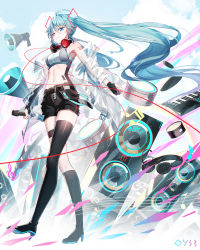 Rule 34 | 1girl, ahoge, armpits, artist name, asymmetrical footwear, asymmetrical gloves, barcode, barcode tattoo, bare shoulders, belt, black footwear, black gloves, black shorts, blue eyes, blue hair, boots, breasts, cable, cd, chinese commentary, closed mouth, cloud, commentary request, drum, eighth note, floating hair, from below, full body, gloves, hair between eyes, hatsune miku, headphones, headphones around neck, highres, holding, holding microphone, instrument, keyboard (instrument), knee boots, long hair, long sleeves, looking at viewer, looking down, medium breasts, megaphone, microphone, midriff, musical note, navel, number tattoo, open fly, partially fingerless gloves, qys3, short shorts, shorts, shoulder tattoo, single knee boot, single thigh boot, smile, solo, speaker, stomach, tattoo, thigh boots, thigh strap, thighhighs, treble clef, twintails, uneven footwear, uneven gloves, very long hair, vocaloid