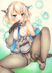 Rule 34 | 1girl, black gloves, blonde hair, blush, braid, breasts, capelet, colorado (kancolle), crotch seam, detached sleeves, feet, gloves, headgear, highres, kantai collection, marker (medium), medium breasts, necktie, no shoes, panties, panties under pantyhose, pantyhose, parted lips, saya pr, short hair, simple background, sitting, sleeveless, solo, star (symbol), thighband pantyhose, traditional media, underwear