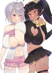Rule 34 | 2girls, absurdres, ahoge, asymmetrical docking, bad id, bad pixiv id, bare shoulders, black gloves, black hair, black shirt, black skirt, blue eyes, blunt bangs, blush, bow, breast press, breasts, center opening, cleavage, cleavage cutout, clothing cutout, dark-skinned female, dark skin, eichan (eichanidfi), elbow gloves, gloves, grey hair, hair between eyes, hair bow, heart cutout, highleg, highleg panties, highres, huge breasts, looking at another, micro panties, multiple girls, navel, open mouth, original, pale skin, panties, pink bow, pink shorts, pleated skirt, shirt, shorts, side ponytail, sideboob, skindentation, skirt, smile, string panties, thigh strap, twintails, underwear, white legwear, white shirt, yellow bow, yellow eyes, yellow legwear, yellow panties, yuri