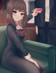 Rule 34 | 1boy, 1girl, black dress, blurry, blurry background, blush, breasts, brown eyes, brown hair, closed mouth, commentary request, couch, dress, fingernails, gift, happy valentine, highres, holding, iino miko, indoors, ishigami yuu, kaguya-sama wa kokurasetai ~tensai-tachi no renai zunousen~, long hair, long sleeves, looking at viewer, low twintails, pantyhose, ponzu (udon), red ribbon, ribbon, sitting, twintails