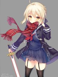 Rule 34 | 1girl, 2017, ahoge, artoria pendragon (all), artoria pendragon (fate), black thighhighs, blonde hair, blue skirt, blush, braid, breasts, closed mouth, coat, cowboy shot, dated, duffel coat, fate/grand order, fate (series), french braid, fringe trim, garter straps, grey background, highres, holding, holding sword, holding weapon, light smile, looking at viewer, medium breasts, mysterious heroine x alter (fate), mysterious heroine x alter (first ascension) (fate), narusegawa riko, neckerchief, open clothes, open coat, plaid, plaid scarf, pleated skirt, red neckerchief, red scarf, saber (fate), scarf, school uniform, serafuku, short hair with long locks, sidelocks, signature, simple background, skirt, smile, solo, sword, thighhighs, twitter username, weapon, yellow eyes