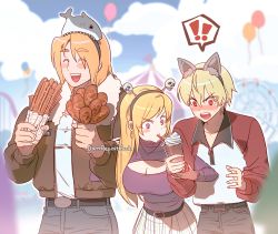 Rule 34 | !, !!, 1girl, 2boys, alternate costume, blonde hair, blush, breasts, churro, cleavage, cleavage cutout, closed eyes, clothing cutout, drinking, fatal fury, food, happy, highres, jacket, jenet behrn, large breasts, long hair, multiple boys, open mouth, pants, purple eyes, red eyes, rock howard, short hair, smile, snk, surprised, terry bogard, the king of fighters, the king of fighters xv