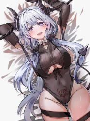 Rule 34 | 1girl, ahoge, armpits, arms behind head, azur lane, bad id, bad pixiv id, bed sheet, black gloves, black leotard, black ribbon, blue eyes, blush, breasts, cleavage, clothing cutout, collarbone, cosplay, covered navel, demon horns, demon tail, elbow gloves, from above, gloves, gneisenau (azur lane), gneisenau (azur lane) (cosplay), gneisenau (nightmarish succubus) (azur lane), hair between eyes, half-closed eyes, halloween costume, horns, illustrious (azur lane), large breasts, leotard, long hair, looking at viewer, lying, mole, mole under eye, on back, open mouth, pubic tattoo, ribbon, see-through, silver hair, simple background, skindentation, smile, solo, suru (ksoo420), tail, tattoo, thigh gap, thighs, tri tails, underboob, underboob cutout, very long hair, white background