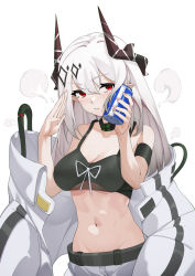 1girl absurdres arknights armband bare_shoulders black_choker blush breasts can chinese_commentary choker cleavage commentary_request crop_top groin hair_between_eyes hands_up heianjian highres holding holding_can horns infection_monitor_(arknights) large_breasts long_hair looking_at_viewer midriff mudrock_(arknights) navel parted_lips red_eyes silver_hair simple_background solo sports_bra stomach upper_body white_background