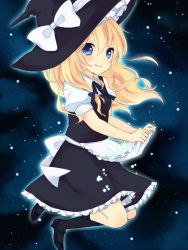 Rule 34 | 1girl, :q, apron, apron lift, bad id, bad pixiv id, black socks, blonde hair, blue eyes, blush, bow, clothes lift, female focus, hat, hat bow, high heels, kirisame marisa, kneehighs, long hair, looking at viewer, purin jiisan, shoes, skirt basket, socks, solo, space, star (symbol), tongue, tongue out, touhou, witch, witch hat