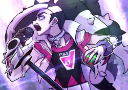 Rule 34 | 1boy, belt, black hair, commentary request, creatures (company), cropped jacket, dusk ball, eyeshadow, game freak, green eyes, holding, holding microphone, holding poke ball, jacket, kotobukkii (yt lvlv), long hair, makeup, male focus, microphone, microphone stand, multicolored hair, nintendo, open mouth, piers (pokemon), poke ball, pokemon, pokemon swsh, shirt, solo, teeth, tongue, two-tone hair, upper body, upper teeth only, white hair, white jacket