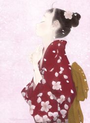 Rule 34 | 1girl, closed eyes, floral print, hair bun, hands up, highres, japanese clothes, junito715, kimono, original, pale skin, pink background, red kimono, short hair, single hair bun, standing