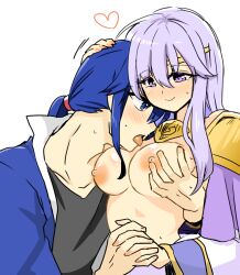 1boy 1girl blue_eyes blue_hair blush breasts brother_and_sister circlet fire_emblem fire_emblem:_genealogy_of_the_holy_war grabbing_another&#039;s_breast groping holding_hands julia_(fire_emblem) large_breasts licking licking_breast long_hair nintendo nipples ponytail purple_eyes purple_hair seliph_(fire_emblem) siblings smile topless yukia_(firstaid0)