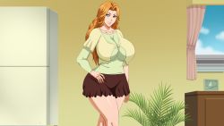 Rule 34 | 1girl, ass, bleach, breasts, brown skirt, highres, huge breasts, indoors, lips, long hair, matsumoto rangiku, mature female, mole, mole under mouth, orange hair, pinkpawg, skirt, solo, source request, tagme, thick thighs, thighs, wide hips