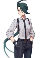 Rule 34 | 1girl, ahoge, black gloves, black necktie, black pants, blurry, brown eyes, closed mouth, collared shirt, commentary request, creatures (company), game freak, gloves, green hair, hands in pockets, highres, long hair, looking to the side, necktie, nintendo, pants, pokemon, pokemon sv, rika (pokemon), shirt, sleeves rolled up, solo, suspenders, yamamori kinako