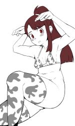 Rule 34 | 1girl, animal print, blush, breasts, brown eyes, brown hair, coco, cow print, dot nose, female focus, grin, highres, horns pose, kagari atsuko, legs, little witch academia, long hair, looking at viewer, no panties, small breasts, smile, solo, thick thighs, thighhighs, thighs