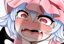 Rule 34 | 1girl, bat wings, blue hair, blush, close-up, fangs, hat, highres, imminent rape, looking at penis, mob cap, open mouth, penis awe, penis shadow, pink hat, portrait, red eyes, remilia scarlet, short hair, simple background, solo, sweat, tears, touhou, upper body, uvula, wings, yassy