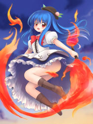 Rule 34 | 1girl, :d, apron, blue hair, blue skirt, blue sky, blush, boots, bow, bowtie, brown footwear, brown hat, buttons, center frills, cloud, collared shirt, commentary request, convenient censoring, cross-laced footwear, emurin, fire, flaming sword, flaming weapon, flat chest, frilled skirt, frills, full body, hat, highres, hinanawi tenshi, leaf hat ornament, long hair, looking at viewer, no panties, open mouth, peach hat ornament, puffy short sleeves, puffy sleeves, red bow, red bowtie, red eyes, shirt, shoes, short sleeves, skirt, sky, smile, solo, sword of hisou, touhou, waist apron, white apron, white shirt