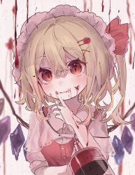 Rule 34 | 1girl, :q, absurdres, ameshi (rzuw4482), blonde hair, blood, blood on face, blurry, crystal, depth of field, flandre scarlet, hat, highres, long hair, mob cap, one side up, solo, syringe, tongue, tongue out, touhou, upper body, wings