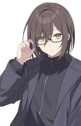 Rule 34 | 1girl, black-framed eyewear, black jacket, brown hair, closed mouth, glasses, green eyes, hair between eyes, hand up, hijiri (resetter), holding, jacket, long sleeves, looking at viewer, open clothes, open jacket, original, puffy long sleeves, puffy sleeves, simple background, solo, upper body, white background