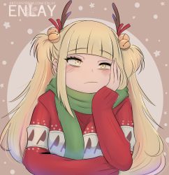 Rule 34 | 10s, 1girl, alternate hairstyle, artist name, bell, blonde hair, blush, boku no hero academia, bored, commentary, english commentary, enlay, fake antlers, frown, hair bell, hair ornament, hand on own cheek, hand on own face, highres, jingle bell, long hair, looking at viewer, scarf, solo, sweater, tagme, toga himiko, twintails, yellow eyes