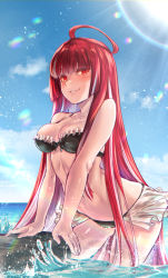 Rule 34 | 1girl, bikini, breasts, cleavage, day, highres, hololive, hololive indonesia, kureiji ollie, long hair, medium breasts, olivia (kureiji ollie), partially submerged, red eyes, red hair, smile, solo, sunlight, swimsuit, virtual youtuber, water, yanshun