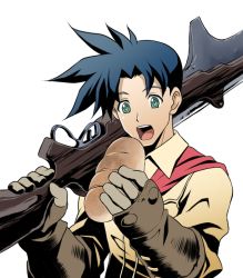 Rule 34 | 1boy, ashley winchester, bayonet, blue hair, commentary request, gloves, green eyes, gunblade, link (aa30), male focus, scarf, short hair, solo, weapon, wild arms, wild arms 2