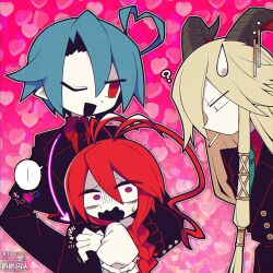 Rule 34 | ..., 1girl, 2boys, ?, antenna hair, arrow (projectile), arrow in body, arrow in head, artist name, black suit, blonde hair, blue hair, braid, cigarette, colored skin, commission, commissioner name, demon boy, demon horns, dress, formal, funamusea, funamusea (artist), heart, heart background, highres, hijoushiki roc, horns, lobco (funamusea), lobster girl, long hair, mob face, multiple boys, object through head, official art, one eye closed, oounabara to wadanohara, open mouth, pink background, pink eyes, pointy ears, red eyes, red hair, short hair, skeb commission, smoking, speech bubble, suit, sweatdrop, wavy mouth, white dress, white skin
