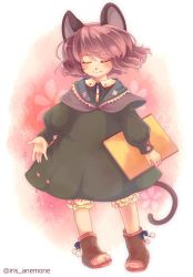 Rule 34 | 1girl, alternate costume, animal ears, contemporary, dress, closed eyes, grey hair, iris anemone, mouse ears, mouse tail, nazrin, notebook, short hair, smile, solo, tail, touhou