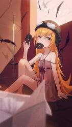 Rule 34 | 1girl, aviator cap, bakemonogatari, black feathers, blonde hair, brown headwear, commentary, doughnut, dress, feathers, flat chest, food, food in mouth, gnns, hair between eyes, hand up, highres, holding, holding food, indoors, katana, kokorowatari, long hair, looking at viewer, looking to the side, monogatari (series), mouth hold, ootachi, oshino shinobu, pink dress, planted, planted sword, planted weapon, pon de ring, red ribbon, ribbon, sitting, sleeveless, sleeveless dress, solo, sword, weapon, yellow eyes