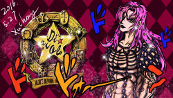 Rule 34 | 1boy, abs, black lips, checkered background, diavolo, hair over one eye, highres, jojo no kimyou na bouken, looking at viewer, male focus, muscular, muscular male, pink hair, polka dot hair, pumpkinman, red background, red eyes, solo, topless male, vento aureo