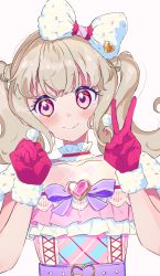 Rule 34 | 1girl, aikatsu! (series), aikatsu on parade!, blush, bow, choker, clenched hand, close-up, earrings, fur trim, gloves, hair bow, heart, heart earrings, highres, idol, jewelry, kiseki raki, light brown hair, long hair, looking at viewer, multicolored eyes, red gloves, short sleeves, simple background, smile, solo, twintails, upper body, v, white background, yamamura saki