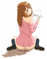 Rule 34 | 1girl, ass, bare shoulders, bottomless, brown eyes, brown hair, censored, fake censor, francine (daijaemon), kneehighs, letter, long hair, looking at viewer, looking back, original, pee, peeing, peeing self, puddle, shirt, shoes, simple background, sitting, socks, solo, tears, wariza, white background