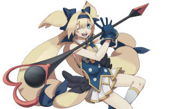 Rule 34 | 1girl, alternate color, arc system works, bad id, bad pixiv id, bell, blazblue, blazblue: continuum shift, blonde hair, bridget (guilty gear), cosplay, cowbell, gloves, guilty gear, hair ribbon, hairband, heart, kz-kura, long hair, low-tied long hair, magical girl, muchourin, one eye closed, open mouth, parody, platinum the trinity, quad tails, ribbon, skirt, staff, symbol-shaped pupils, trap, twintails, two side up, wink
