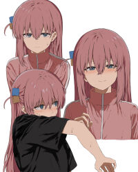 Rule 34 | 1girl, black shirt, blue eyes, blush, bocchi the rock!, cropped shoulders, cube hair ornament, expressionless, gotoh hitori, hair between eyes, hair ornament, hand up, highres, ibuki (ibuki0118), jacket, long hair, looking at viewer, multiple views, one side up, pink hair, pink jacket, shirt, short sleeves, simple background, smile, track jacket, upper body, white background, wiping sweat