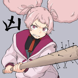 Rule 34 | 1girl, afro puffs, angry, asticassia school uniform, baseball bat, chuatury panlunch, clenched teeth, commentary request, double bun, green jacket, grey background, gundam, gundam suisei no majo, hair bun, holding, holding baseball bat, hood, hoodie, jacket, long sleeves, looking at viewer, nail, nail bat, necktie, pink eyes, pink hair, pink hoodie, red necktie, rindou (rindou annon), school uniform, solo, teeth, translation request, upper body, v-shaped eyebrows, wide-eyed