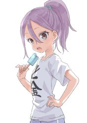 Rule 34 | 1girl, absurdres, blush, brown eyes, child, clothes writing, commentary request, fingernails, food, hair between eyes, hand on own hip, high ponytail, highres, holding, holding food, looking at viewer, open mouth, pants, parted bangs, ponytail, popsicle, purple hair, purple pants, round teeth, shirt, short sleeves, simple background, solo, soredemo ayumu wa yosetekuru, teeth, upper teeth only, white background, white shirt, yamamoto souichirou, yaotome urushi