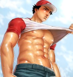 Rule 34 | 2boys, abs, bad id, bad pixiv id, bare pectorals, bitaro, black hair, blue oak, blue oak (pokemon sm), clothes lift, cowboy shot, creatures (company), day, from below, game freak, hat, male focus, multiple boys, muscular, muscular male, nintendo, nipples, pectorals, pokemon, pokemon sm, red (pokemon), red (pokemon sm), red hat, shirt lift, solo focus, sweat, undressing