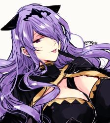 Rule 34 | 1girl, bad id, bad twitter id, breasts, camilla (fire emblem), fire emblem, fire emblem fates, hair over one eye, large breasts, long hair, naho (pi988y), nintendo, parted lips, purple eyes, purple hair, simple background, solo, tiara, twitter username, upper body, white background