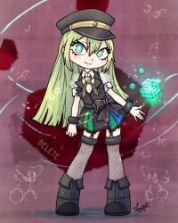 Rule 34 | 1girl, alina gray, black bow, black footwear, black hat, black necktie, black thighhighs, black vest, blonde hair, blunt ends, blush, boots, bow, chain, collar, cross tie, detached collar, fishnet thighhighs, fishnets, fold-over boots, full body, fur-trimmed thighhighs, fur cuffs, fur trim, garter straps, gem, green eyes, green gemstone, green hair, hair between eyes, hat, highres, long hair, looking at viewer, magia record: mahou shoujo madoka magica gaiden, magical girl, mahou shoujo madoka magica, multicolored clothes, multicolored hair, multicolored skirt, necktie, open mouth, peaked cap, pleated skirt, puffy short sleeves, puffy sleeves, short sleeves, sidelocks, skirt, sleeve cuffs, smile, solo, standing, straight hair, streaked hair, striped clothes, striped skirt, suama-yuki, thighhighs, v-neck, vertical-striped clothes, vertical-striped skirt, very long hair, vest, waist bow, white collar, white sleeves