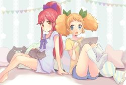 Rule 34 | 2girls, :o, aikatsu!, aikatsu! (series), animal, animal on lap, arm support, bare legs, barefoot, bed, bedroom, blonde hair, blouse, blue eyes, blue shorts, bow, brown eyes, candy, cat, cat on lap, closed mouth, commentary, feet up, green bow, hair bow, indoors, ipad, long hair, looking at another, looking at viewer, multiple girls, on bed, on lap, open mouth, otoshiro seira, pillow, ponytail, purple bow, purple shirt, purple shorts, quro (black river), red hair, saegusa kii, shirt, shorts, sideways glance, sitting, smile, socks, star (symbol), stuffed animal, stuffed toy, t-shirt, tablet pc, twintails, white legwear, wrapped candy, yellow shirt