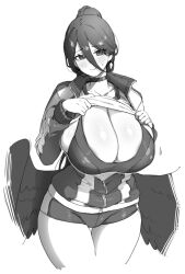 Rule 34 | 1girl, blue archive, blush, breasts, cleavage, clothes lift, commentary, embarrassed, greyscale, gym shirt, gym shorts, hair between eyes, hasumi (blue archive), hasumi (track) (blue archive), highres, huge breasts, jacket, leaning forward, low wings, monochrome, nervous, ponytail, shirt, shirt lift, short shorts, shorts, smile, solo, sweatdrop, symbol-only commentary, track jacket, wings, xiangzi box