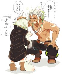 Rule 34 | 10s, 2boys, alternate hairstyle, animal, boots, rabbit, child, dark skin, dark-skinned male, dezel (tales), closed eyes, gotou (pixiv37128), green hair, grin, hand in own hair, holding, jewelry, long hair, male focus, multiple boys, necklace, ponytail, topless male, smile, squatting, tales of (series), tales of zestiria, tattoo, toned, translation request, white hair, aged down, zaveid (tales)
