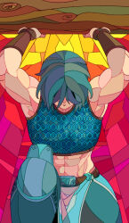 Rule 34 | 1girl, abs, armor, belt, blue hair, bracer, chainmail, covered face, fsnowzombie, kneeling, log, loincloth, looking down, muscular, muscular female, runescape, short hair, solo, stained glass, sun