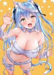 Rule 34 | 1girl, :d, absurdres, ahoge, animal ears, bandages, bare shoulders, bell, black ribbon, blue hair, blue nails, blush, breasts, cat ears, cat girl, cat tail, cleavage, collarbone, contrapposto, elf, fang, feet out of frame, fingernails, hair ribbon, highres, hololive, jingle bell, large breasts, long fingernails, long hair, looking at viewer, looking up, nail polish, naked bandage, navel, open mouth, pointy ears, ribbon, simple background, smile, solo, standing, star (symbol), tail, tail bell, tail ornament, two side up, uehiro, very long hair, virtual youtuber, yellow background, yellow eyes, yukihana lamy